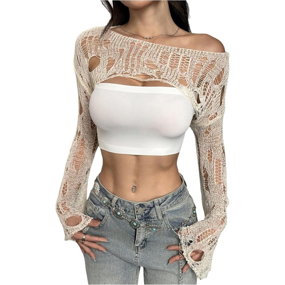 Plus Size Women's Crochet Ripped Crop Sweater Pullover for Casual Wear